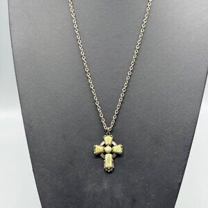 Vintage Cross Pendant Necklace Green-Stone Accents On Silver-Tone Chain Religiou